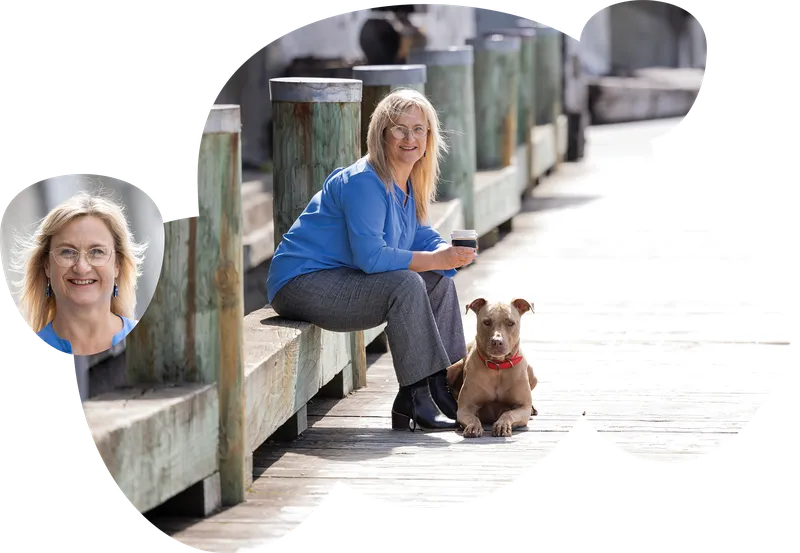 RealMe photo of woman on waterfront with dog